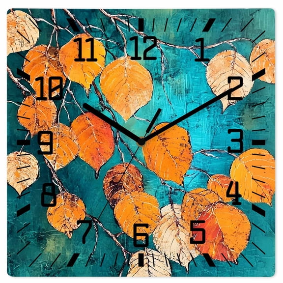 Orange Leaf Wooden Wall Clock Silent Non Ticking, Abstract Oil Painting Branch Turquoise Square Wall Clocks Battery Operated, Decor Clock for Home Office, Living Room, Kitchen, 12 Inch