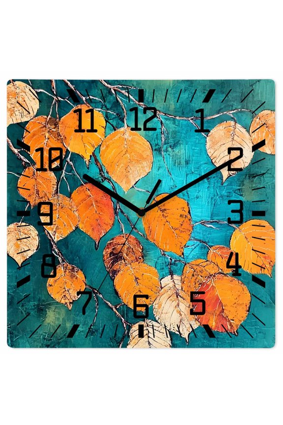 Orange Leaf Wooden Wall Clock Silent Non Ticking, Abstract Oil Painting Branch Turquoise Square Wall Clocks Battery Operated, Decor Clock for Home Office, Living Room, Kitchen, 12 Inch