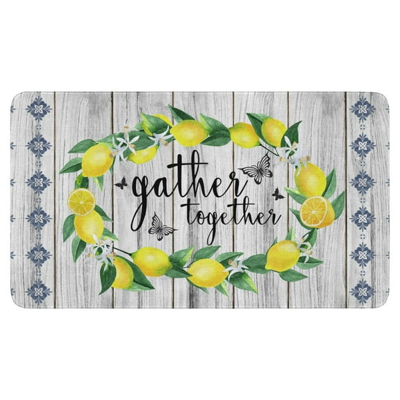 Orange Leamon Wreath Wood Texture Door Mat,Non-Slip Absorbent Welcome Mat Decorations Floor Door Mats for Indoor Outdoor Bathroom