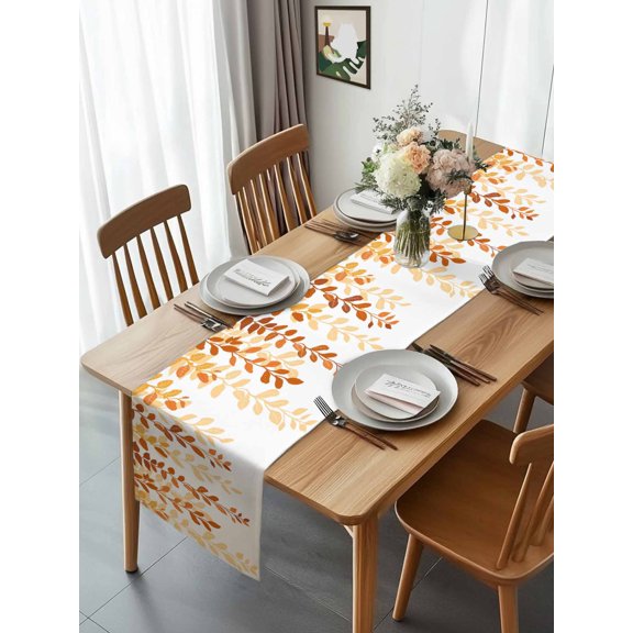 Orange Leaves Country Botanical Gradient Table Runner 13x70in Non-Slip Cotton Linen Table Runners, Pastoral Plants White Dresser Scarves TableRunner for Dinner Kitchen Dining Wedding Party