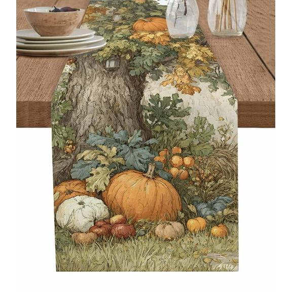 Orange Leaves Fall Burlap Cotton Table Runner 13x108 Inches Long, Thanksgiving Pumpkins Botanical Farmhouse Table Runners, Outdoor Dining Tablecloths Decor for Baby Shower/Party/Wedding