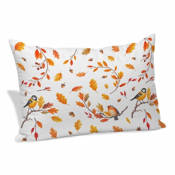 Orange Leaves Fall Pillow Covers, Linen Long Throw Pillow Case, Branches Birds Pine Cones Holiday Pillow Protector Decorative Cushion Cover for Living Room/Bedroom 16" x 24"