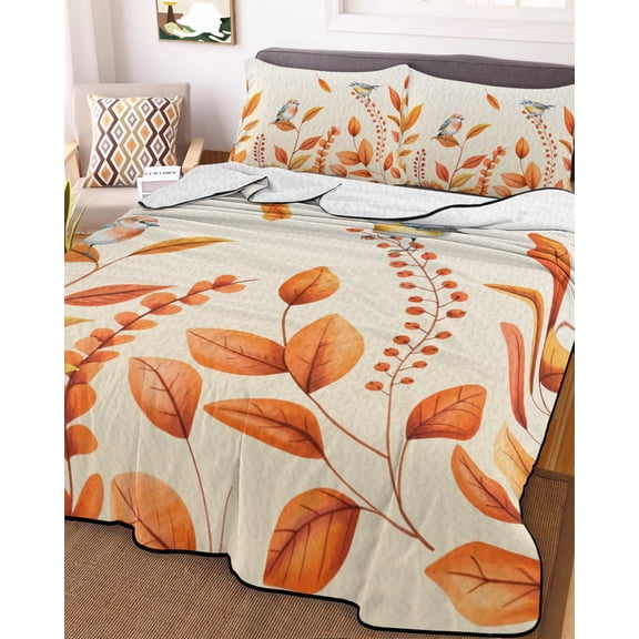 Orange Leaves Fall Queen Size Down Alternative Comforter, Lightweight Comforter Quilt Bedding Set with Pillow Shams Autumn Bird Pastoral Botanical All Seasons Bed Comforter Duvet Insert 90"x96"