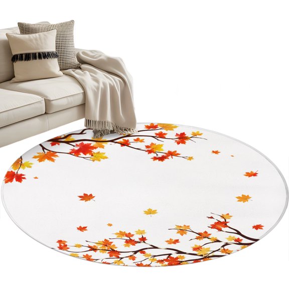 Orange Leaves Fall Round Rug 3ft Washable Circle Entryway Rugs Non Slip Thanksgiving Maple Leaves Branches Area Rug Indoor Floor Carpet for Bedroom Kitchen Living Room Home Office Dining Room Nursery