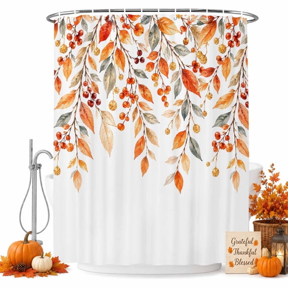 Orange Leaves Fall Shower Curtain, Waterproof Shower Curtains for Bathroom, Thanksgiving Weeping Berry Botanical Washable Fabric Bathtub Curtain Set Bath Decor with 12 Hooks 48"x72"