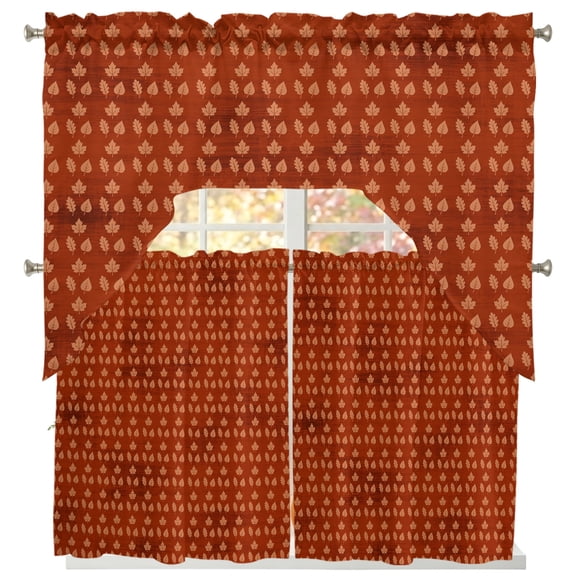 Orange Leaves Fall Swag Kitchen Curtains Sets for Windows 24 Inch Length, Thanksgiving Botanical Maple Leaves Short Window Curtain Panels Swags Valances and Tiers 3 Piece Set for Cafe/Dining Room