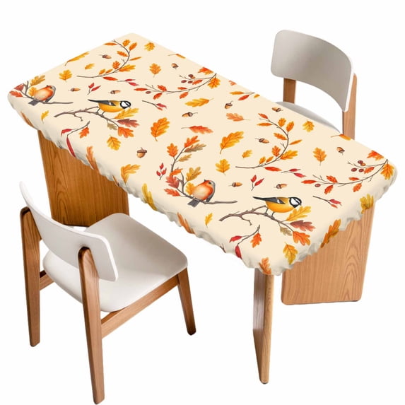 Orange Leaves Fall Table Cloths for 5 Foot Rectangle Tables, Birds Branches Pine Cones Patio Waterproof Elastic Fitted Tablecloths, Washable Rectangular Table Cover for Camping