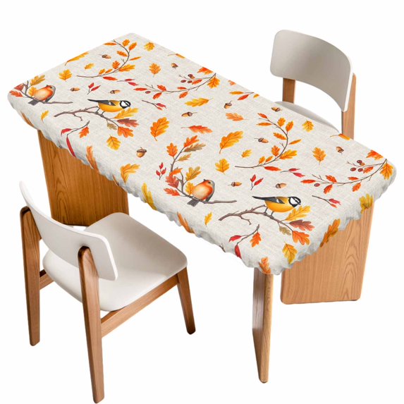 Orange Leaves Fall Table Cloths for 5 Foot Rectangle Tables, Branches Birds Pine Cones Rustic Patio Waterproof Elastic Fitted Tablecloths, Washable Rectangular Table Cover for Camping