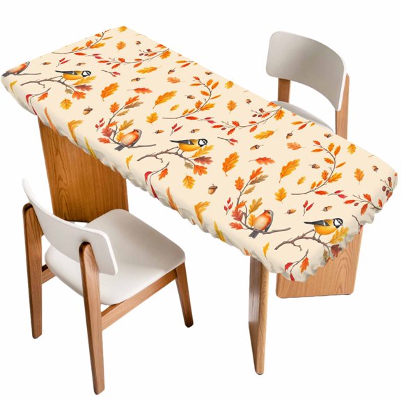 Orange Leaves Fall Table Cloths for 8 Foot Rectangle Tables, Birds Branches Pine Cones Patio Waterproof Elastic Fitted Tablecloths, Washable Rectangular Table Cover for Camping