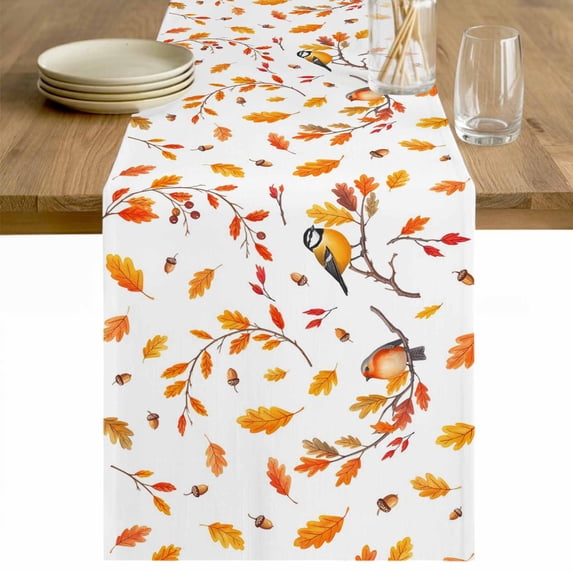 Orange Leaves Fall Table Runner 108 Inches Long Farmhouse Dress Scarves, Branches Birds Pine Cones Dining Tablerunner for Coffee Table/Kitchen Island/Party Décor, 13" x 108"