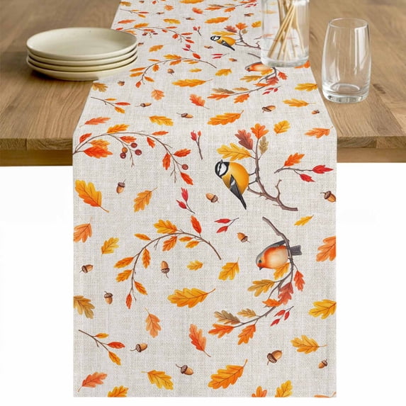 Orange Leaves Fall Table Runner 108 Inches Long Farmhouse Dress Scarves, Branches Birds Pine Cones Rustic Dining Tablerunner for Coffee Table/Kitchen Island/Party Décor, 13" x 108"