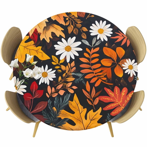 Orange Leaves Round Tablecloth 36-44 Inch Round Fitted Table Cloth with Elastic Edge, Fall Botanical Flowers Leaf Retro Rustic Waterproof Table Cover Protector for Outdoor Picnic Party Dining