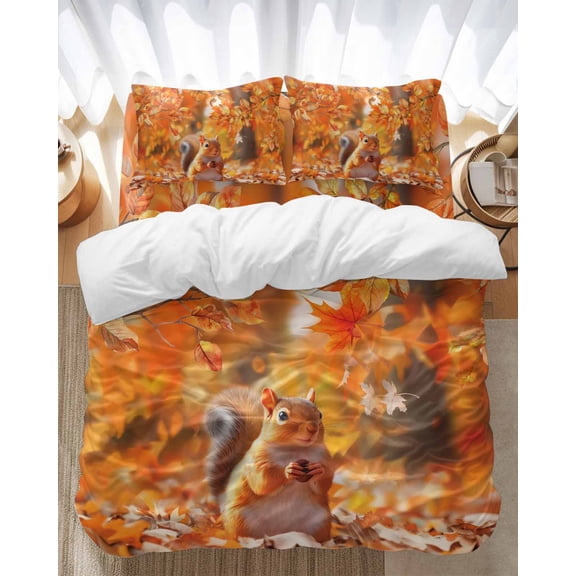 Orange Leaves and Squirrel Bedding Duvet Cover Set Queen Size 4 Pieces Fall Maple Leaf Thanksgiving Bedding Set with Zipper Closure, 1 Comforter Cover 90x92 Inches 1 Flat Sheet & 2 Pillow Cases