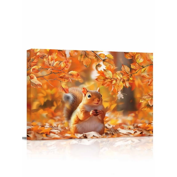 Orange Leaves and Squirrel Canvas Print Wall Art Framed Canvas Art Wall Decor Fall Maple Leaf Thanksgiving Pictures Painting Morden Artwork for Living Room Bedroom, Ready to Hang - 12"x16"