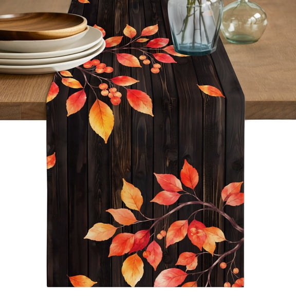 Orange Leaves Table Runner, Rustic Orange Berries Tree Branch Brown Wood Grain Cotton Linen Table Cloth, Tablerunner for Kitchen Dining Party Wedding Home Decor 13x36 Inch