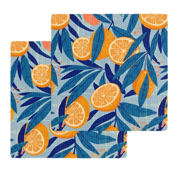Orange Lemon Kitchen Dish Towels for Drying Dishes Set of 2, Minimalist Tropical Retro Blue Palm Leaf Waffle Weave Microfiber Hand Tea Bathroom Towels Quick Dry & Absorbent Towel 12x12