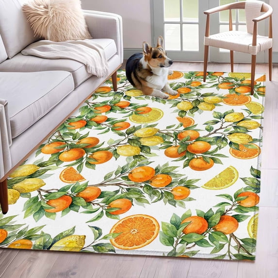 Orange Lemons Area Rugs 3'x5', Washable Small Throw Rugs for Living Room Bedroom, Summer Botanical Farmhouse Vintage Art Indoor Outdoor Rug Non-Slip Low Pile Carpet Runner Reversible Floor Mats