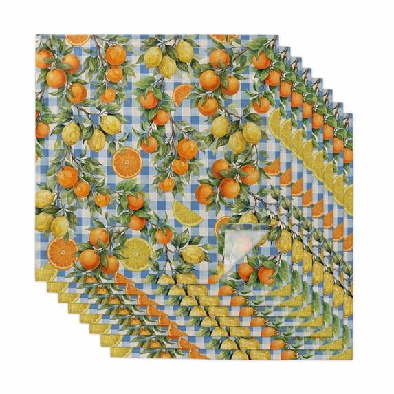 Orange Lemons Cloth Napkins, Summer Botanical Checkered Farmhouse Washable and Reusable Dinner Napkins Set of 8, Table Napkin for Kitchen Party Birthday Wedding Hotel Housewarming 20"x20"