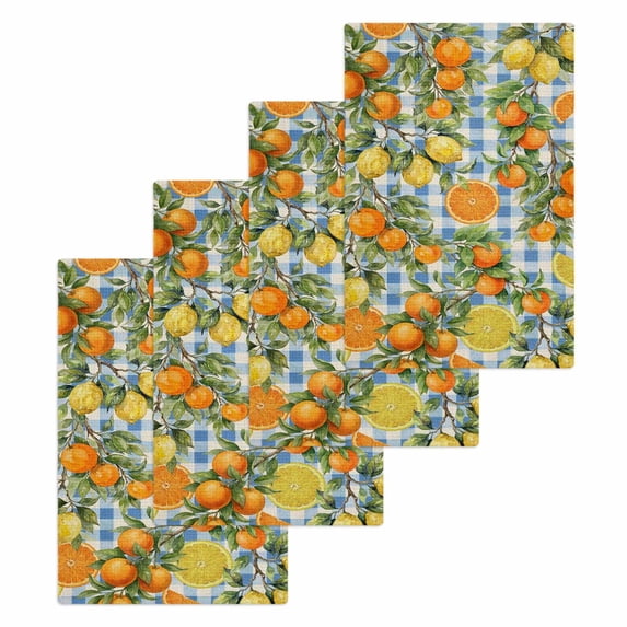 Orange Lemons Kitchen Dish Towels for Drying Dishes Set of 4, Summer Botanical Checkered Farmhouse Waffle Weave Microfiber Hand Tea Bathroom Towels Quick Dry & Absorbent Towel 15.7x23.6