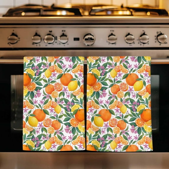 Orange Lemons Kitchen Towels Set of 3, Summer Botanical Pastoral Elegant Absorbent Dish Towels for Kitchen, Microfiber Hand Towel, Quick Drying Tea Towel for Cleaning Decorative Dishcloths