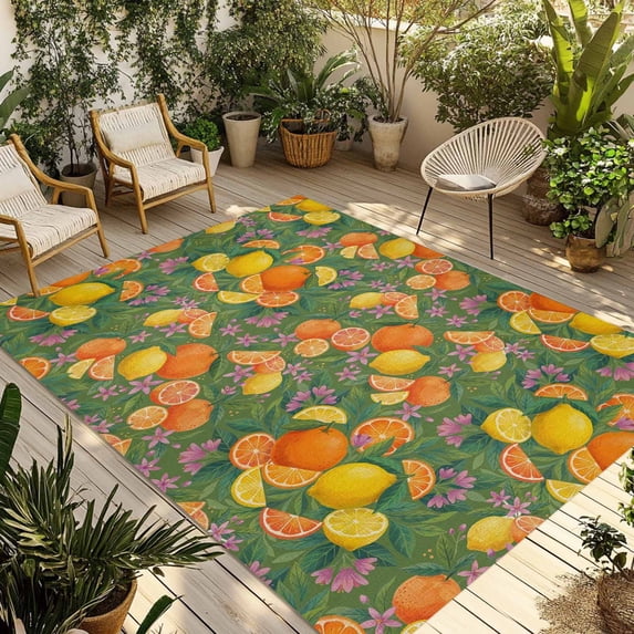 Orange Lemons Outdoor Rug for Patio/Deck/Porch, Non-Slip Large Area Rug 4 x 6 Ft, Summer Botanical Elegant Pastoral Watercolor Indoor Outdoor Rugs Washable Area Rugs, Camping Rug Carpet Runner