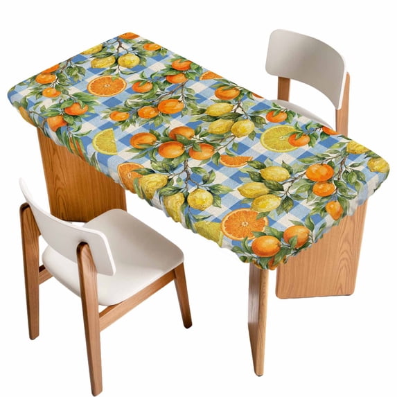 Orange Lemons Table Cloths for 3 Foot Rectangle Tables, Summer Botanical Checkered Farmhouse Patio Waterproof Elastic Fitted Tablecloths, Washable Rectangular Table Cover for Camping