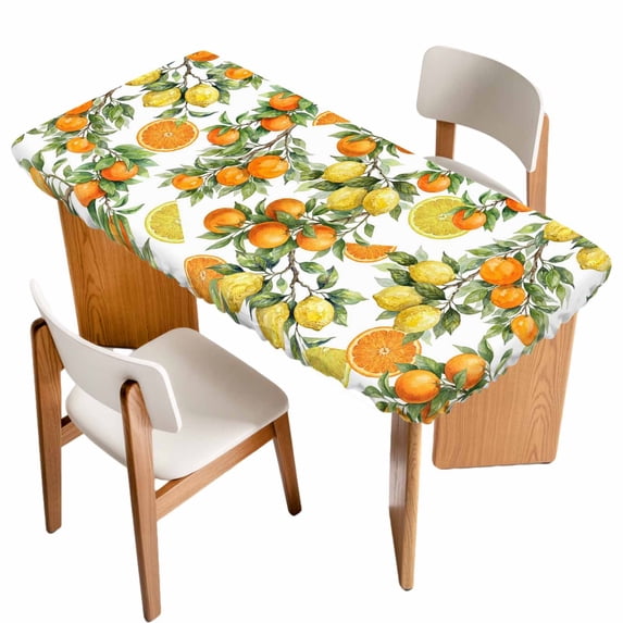Orange Lemons Table Cloths for 3 Foot Rectangle Tables, Summer Botanical Farmhouse Vintage Art Patio Waterproof Elastic Fitted Tablecloths, Washable Rectangular Table Cover for Camping