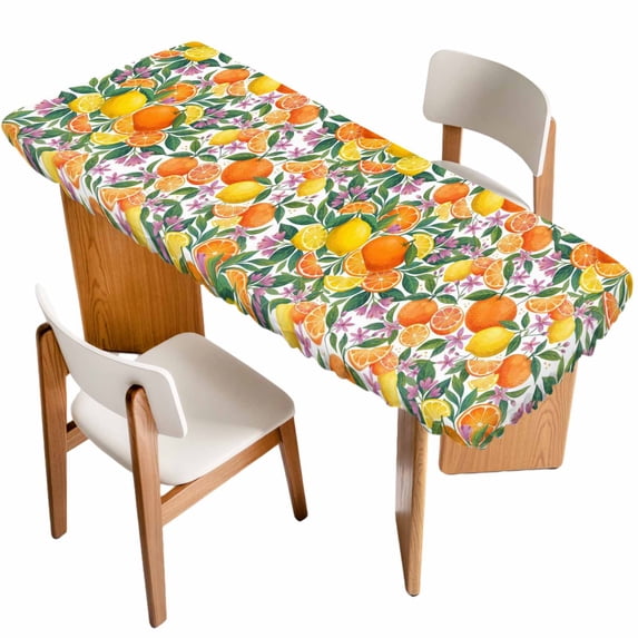 Orange Lemons Table Cloths for 8 Foot Rectangle Tables, Summer Botanical Pastoral Elegant Patio Waterproof Elastic Fitted Tablecloths, Washable Rectangular Table Cover for Camping