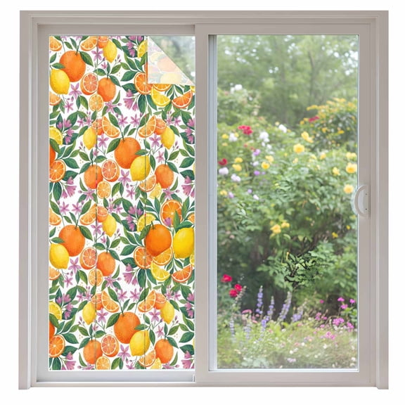 Orange Lemons Window Privacy Film, Summer Botanical Pastoral Elegant Static Cling UV Sun Blocking Heat Control Window Tint Day and Night, Non-Adhesive One Way Windows Privacy Cover 35.4''x78.7''