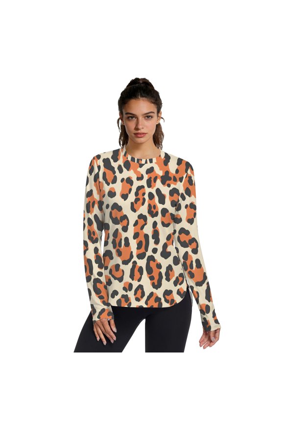 Orange Leopard Pattern Women's Activewear UPF 50+ Sun Protection Shirt Cooling Quick Dry Thumb Hole Top