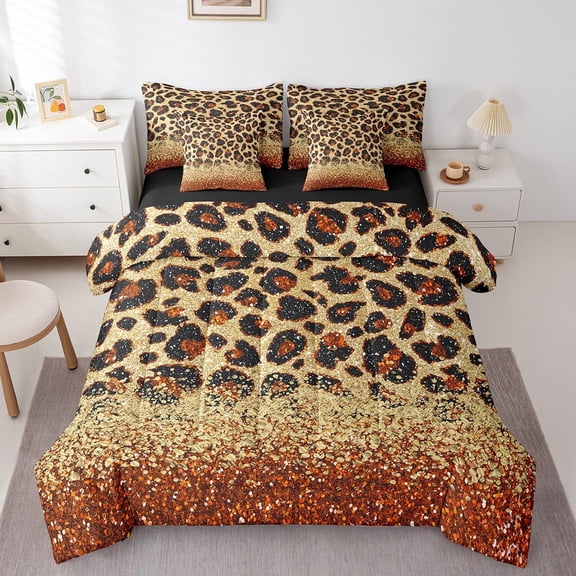Orange Leopard Print Bed in a Bag King Size Comforter Set 7 Pieces,Gold Sequins Print Sheet Set with Comforter,Animal Hide Cheetah Bedding Set African Animals Bed Set Spot Western Decor
