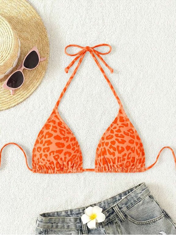 Orange Leopard Print Halter Tie-Front Triangle Bikini Top For Beach Vacation Summer