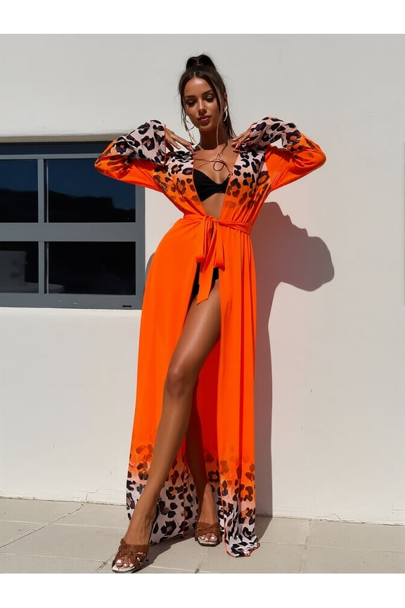 Orange Leopard Print Kimono Cover-Up