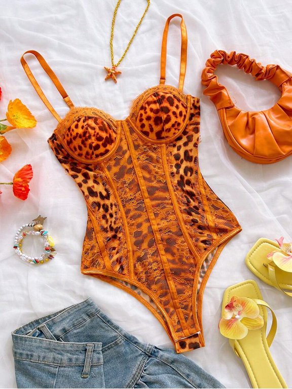 Orange Leopard Print Lace Bustier Bodysuit With Spaghetti Straps
