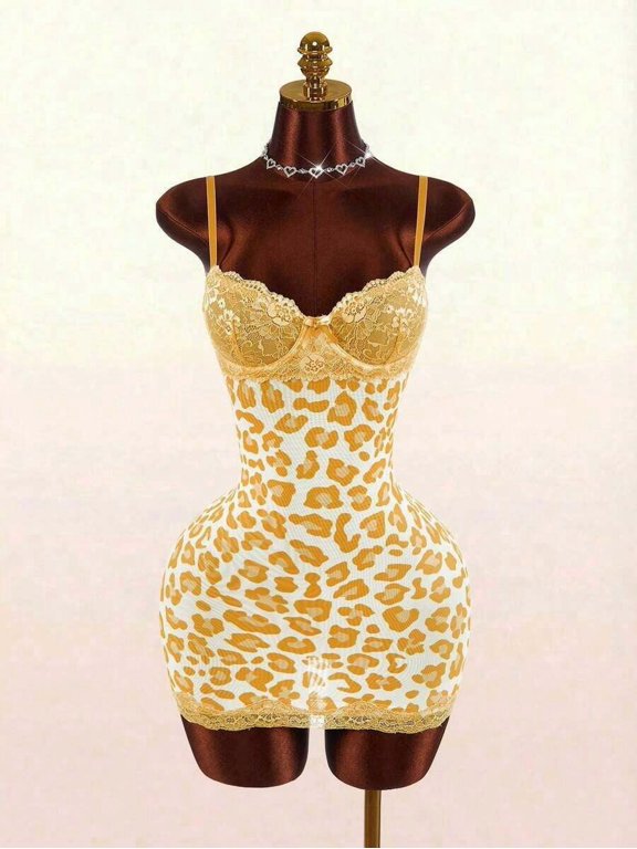 Orange Leopard Print Lace-Trimmed Bodysuit With Sheer Cup Detail