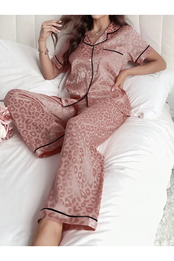 Orange Leopard Print Satin Pajama Set With Turn-Down Collar And Contrast