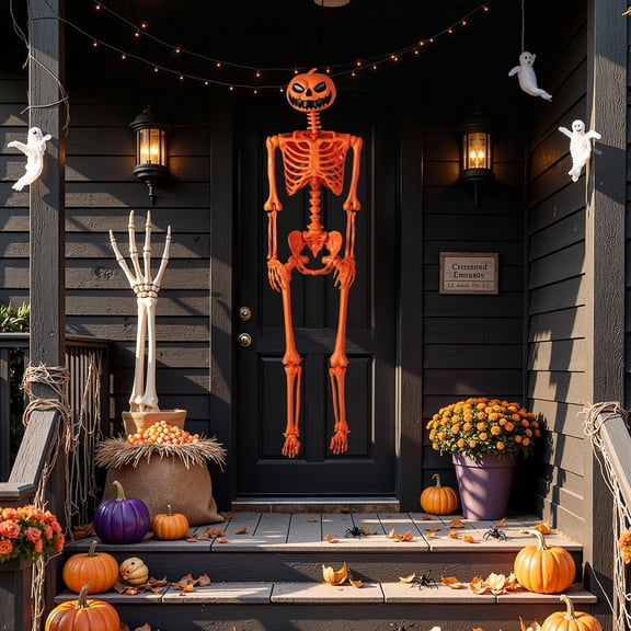 Orange Life-Size Halloween Skeleton with Pumpkin Head, Movable Joints, Indoor Outdoor Decoration