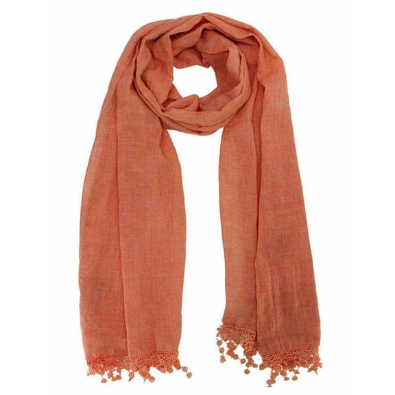Orange Lightweight Scarf With Lace Fringe