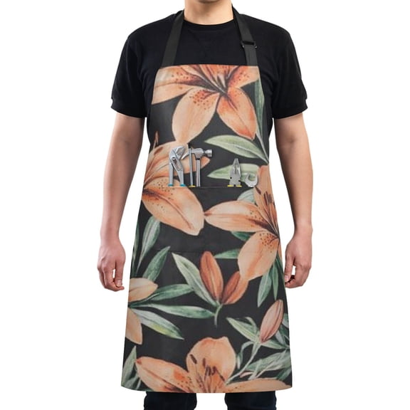 Orange Lilies on Black Chef Kitchen Apron with Pockets for Women Waterproof Aprons for Cooking Baking