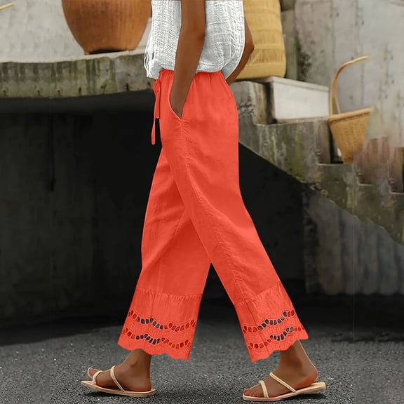Orange Linen Pants Women Summer 2025 New Women's Casual Loose Fitting Waist and Ankle Patchwork Lace Cotton and Linen Pants Sweatpants Womens Fashion