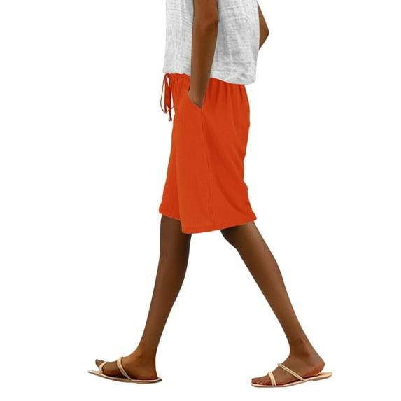 Orange Linen Shorts Womens Casual Solid Side Pockets Pants Shorts Elastic Waist Pockets Daily Mid Long Shorts