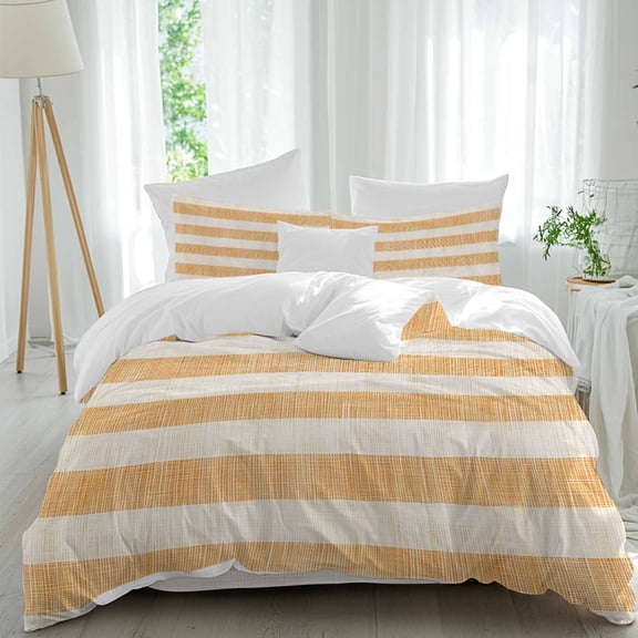 Orange Linen Stripes Duvet Cover Set Twin Size, Vintage Country 4 Piece Soft Microfiber Bedding Set with 1 Duvet Cover, 1 Flat Sheet, 2 Pillowcases