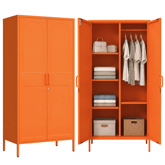 Orange Lockable Armoire Wardrobe Closet Storage Cabinet with Hanging Rod, 67" Metal Wardrobe Cabinet with 2 Doors and 3 Adjustable Shelves for Bedroom, Laundry Room, Cloak Room, Gym, Office
