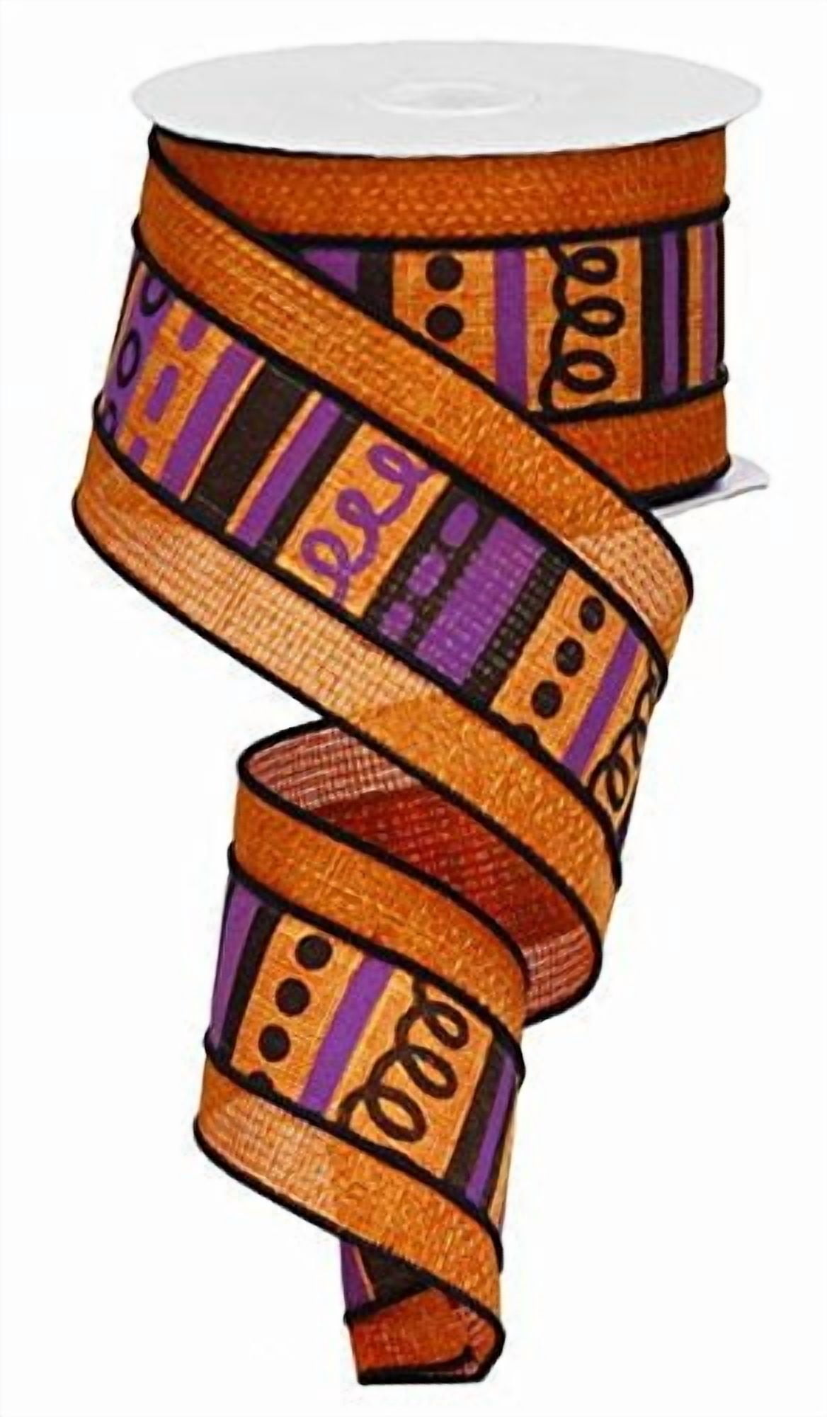 Orange Loopy Stripes and Dots Halloween Ribbon: Orange Purple & Black 2.5" X 10 Yards
