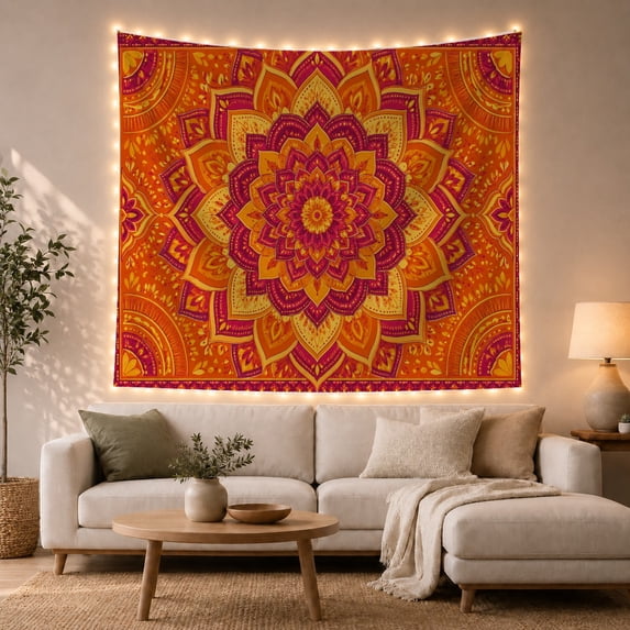 Orange Lotus Mandala on Red Background, Energetic Boho for Meditation Enthusiasts, Mandala Wall Art, Housewarming Gift, Tapestry Wall Hanging for Bedroom, Living Room and Dorm