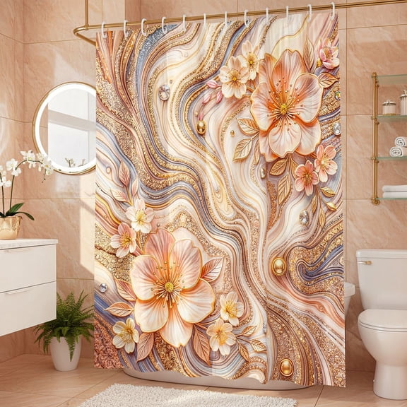 Orange Luxury Gold Marble Floral Shower Curtain, Glitter Cherry Blossom Bathroom Decor, Modern Abstract Geode Bath Curtain, Waterproof Polyester Fabric with Hooks,72X72in
