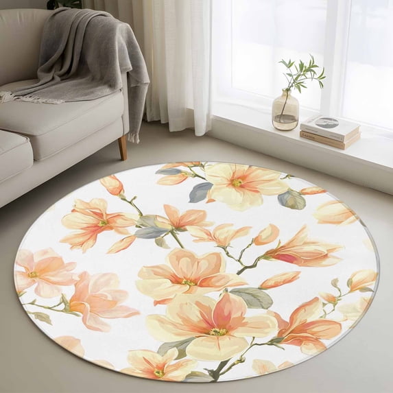 Orange Magnolia Flower Round Area Rugs 3 ft, Watercolor Orange Floral Leaf Washable Small Area Rug with Non-Slip Sturdy Edge Binding Round Front Door Mat Floor Carpet for Entryway