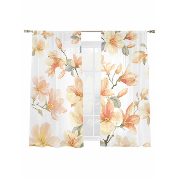 Orange Magnolia Flower Sheer Curtains 2 Panels Set Watercolor Orange Floral Leaf Sheer Window Curtains Light Filtering Rod Pocket Voile Drapes for Bedroom Living Room 52"x63"