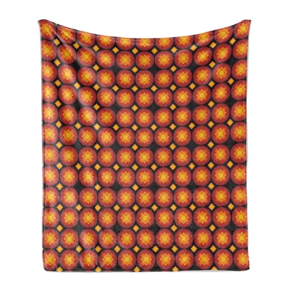 Orange Mandala Soft Flannel Fleece Blanket, Sun Motif Looking Ethnic Floral Pattern in Circular Repeating Forms, Cozy Plush for Indoor and Outdoor Use, 50" x 60", Marigold Dried Rose, by Ambesonne