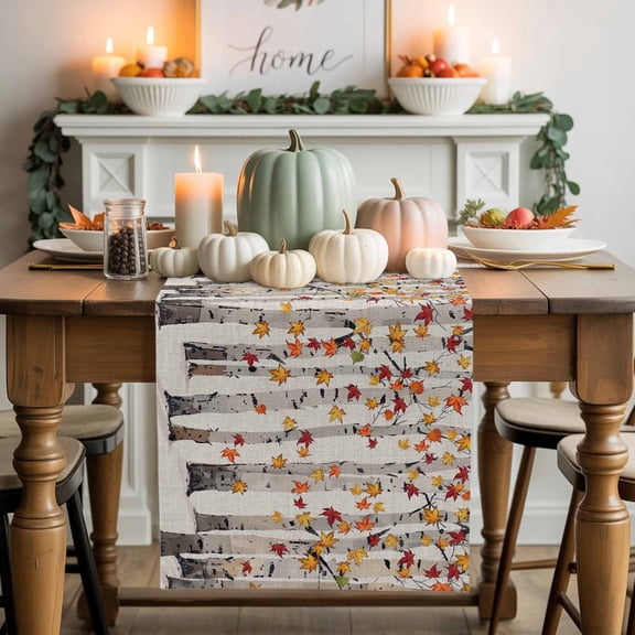 Orange Maple Cotton Linen Table Runner, Washable Table Runners for Kitchen, Dining Room, Holiday, Home Party Table Decor, 13x120 Inches